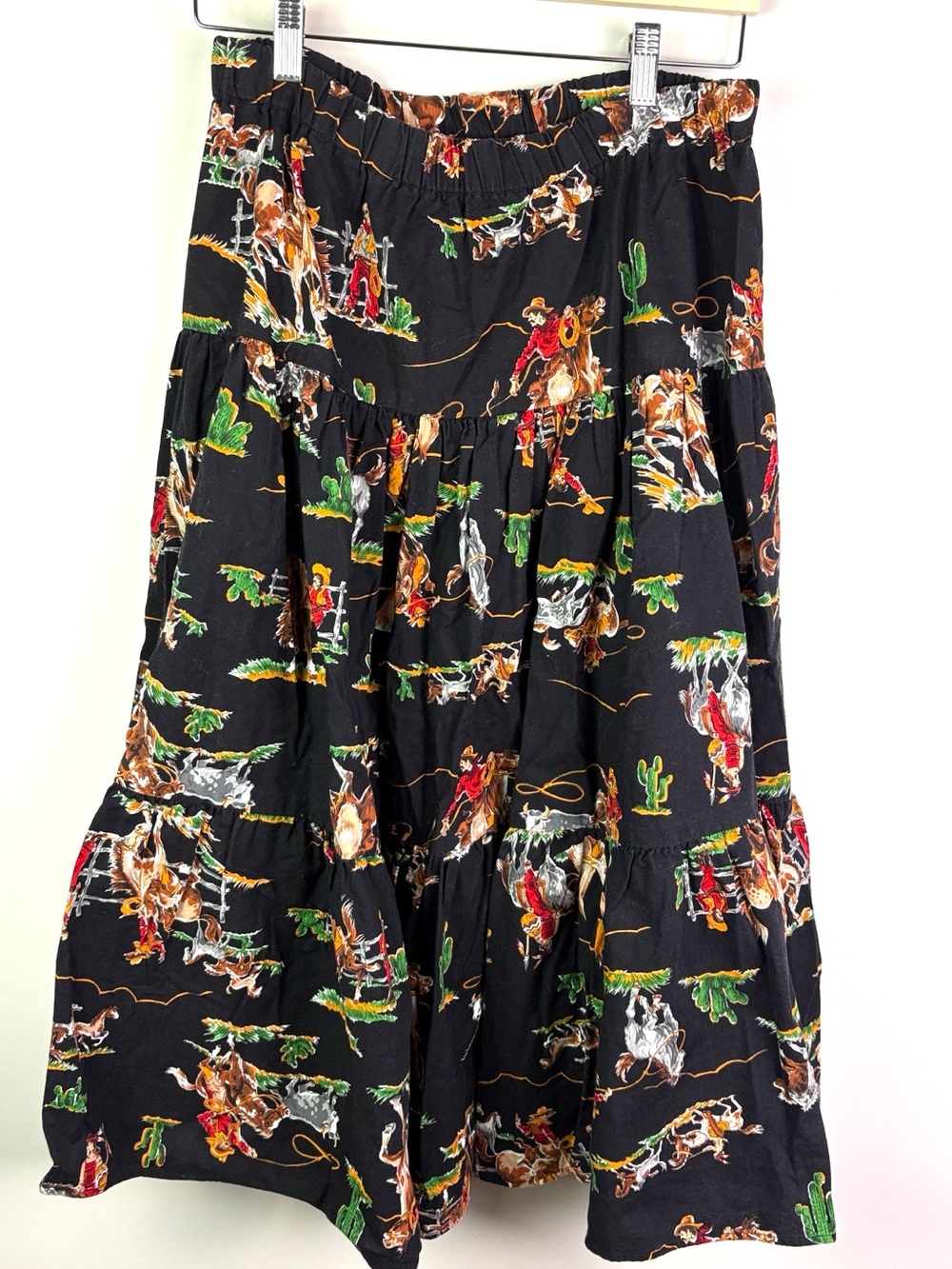 Handmade Western/ Cowboy Print Tiered black Midi Skirt size L